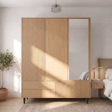Armoire 3 portes 200cm avec miroir, dressing chambre avec penderie et 3 tiroirs, placard rangement 4 étagères effet bois pour chambre dressing - Chêne (1/5)
