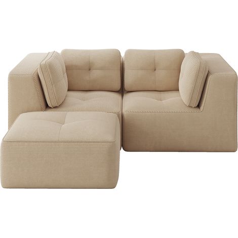Divano angolare modulare L 2 posti in tessuto effetto corduroy beige con pouf mobile (1/5)