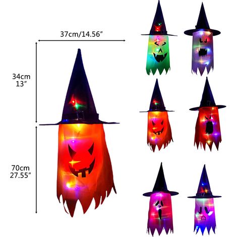 Guirlande lumineuse LED de chapeaux de sorcière fantômes à suspendre pour Halloween, décoration extérieure pour arbre, porche ou jardin. (1/4)