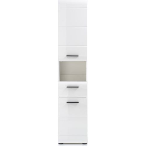 SkinGloss Bad Hochschrank 2 Türen, 2 Schublade, 1 offenes Fach weiß, weiß Hochglanz.
