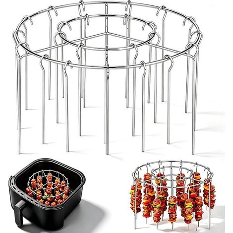 Support pour grilles de barbecue Airfryer - 2 pièces - avec 24 brochettes - Acier inoxydable - Accessoires pour Airfryer - Accessoire barbecue - Rond - Convient pour les brochettes grillées de poulet, (1/5)