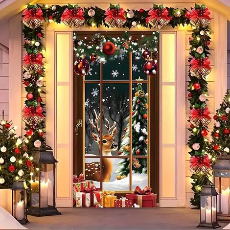 Rideau de porte de Noël 2026, bannière extérieure avec fond photo Père Noël et chien, tissu à suspendre - 90 x 180 cm (œillets + ruban) - 21