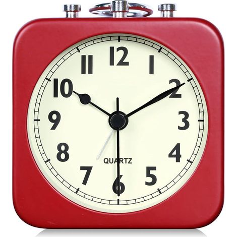 Réveil analogique 8,5 cm noir carré silencieux petit métal horloge de chevet pour enfants chambre salon bureau (Rouge) (1/5)