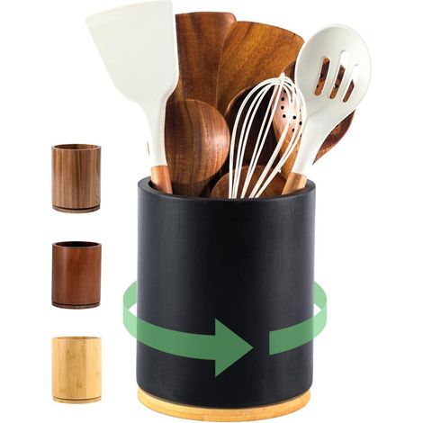 Porte-ustensiles rotatif 360° – Noir – Grand 7,3 pouces – Organisateur de cuisine – Bois (1/5)