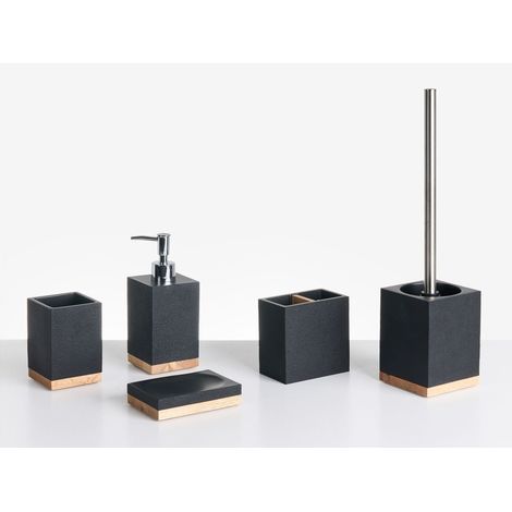 Set di 5 accessori da bagno con portasapone, dispenser, scopino, bicchiere e portaspazzolini nero Tapiche (1/5)