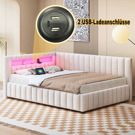 Lit canapé-lit capitonné 140x200 cm velours beige, avec LED intégrées, USB, dossier & tête de lit rembourrés, cadre robuste (1/4)