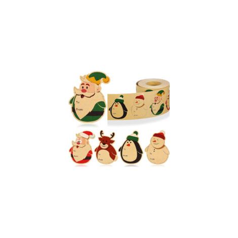 Confezione da 500 etichette autoadesive natalizie in carta kraft, con simpatico design a pupazzo di neve e cartellini per il nome per confezionare i regali di Natale, rotolo di etichette autoadesive p