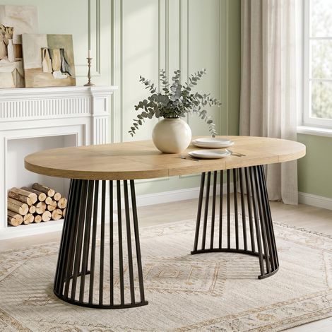 Table de salle à manger extensible, 100/138/176 x 100 cm, idéale pour 4 à 8 personnes, conception télescopique en deux parties, plateau épais, style minimaliste, coloris chêne et noir (1/5)