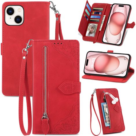 Handyhülle kompatibel mit iPhone – Rote Leder-Klapphülle mit Kartenfach und geprägtem Design. Kompatibel mit iPhone 11 Pro. (1/5)