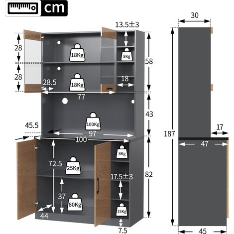 Meuble de cuisine haut 100x47x187cm, buffet colonne en bois avec éclairage LED intégré et passe-câbles, grand espace pour micro-ondes, étagères latérales réglables en hauteur, rangement spacieux, auto (1/5)