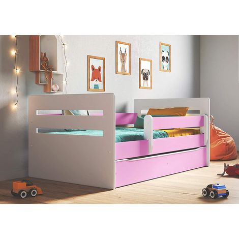Lit enfant avec barrière de sécurité amovible blanc et rose Moly-Matelas mousse-80x160 (1/5)