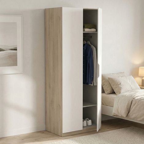 Dmora - Kleiderschrank 2 Türen Fioretta, Schlafzimmermöbel, Schrank, Garderobe, 79x51 h203 cm, Eiche und Mattweiß (1/5)