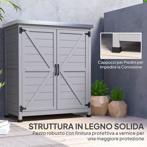 Armoire extérieure en acier et bois gris, 79x43x92 cm, avec étagères et plan de travail (1/5)
