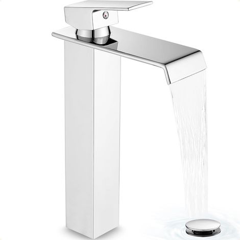 Mitigeur lave-mains cascade chromé laiton – Bec haut, 1 trou – Avec bonde pop-up et flexibles – Vasque (1/5)