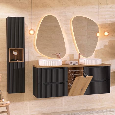 Conjunto de muebles con doble lavabo 160cm cesto y columna Riva Negro y Madera (1/4)