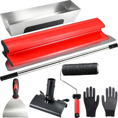 6 Pièces Kit de Lissage pour Plaques de Plâtre, 50cm Lame de Lissage Rouleau de Lissage, Des Truelles en Acier Inoxydable et Une Perche Télescopique, Pour le Lissage des Plafonds et Des Murs (1/5)
