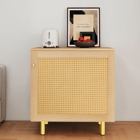 Buffet en osier rustique avec 1 porte, meuble de rangement aspect bois naturel 60x40x63 cm pour salle à manger (1/5)