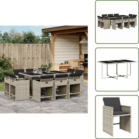 The Living Store Ensemble à manger de jardin 11pcs avec coussins gris poly rotin - Salon De Jardin - Meuble De Jardin - Set De Salon De Jardin - Mobilier De Jardin - Table De Jardin