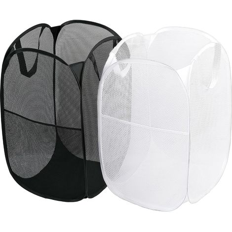 Set mit 2 faltbaren Wäschekörben aus Netzgewebe mit stabilen Griffen, leicht zu öffnen und zusammenzufalten, geeignet für Studentenwohnheime, Waschküchen, Schlafzimmer, Wohnmobile usw. (Weiß + Schwarz (1/4)