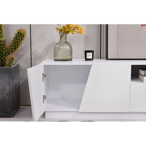 Meuble TV 170cm Blanc Design Moderne - Banc TV avec 4 Portes Irrégulières et Niches Ouvertes - Supporte 80kg - Montage Facile (1/5)