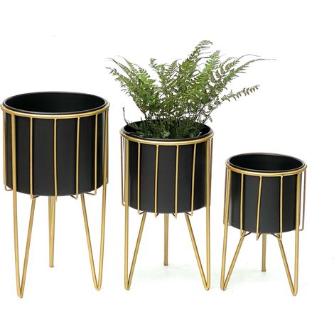 DanDiBo Blumenhocker mit Topf Metall Gold Schwarz Rund 3er Set Blumenständer 96039 Blumensäule Modern Pflanzenständer Pflanzenhocker