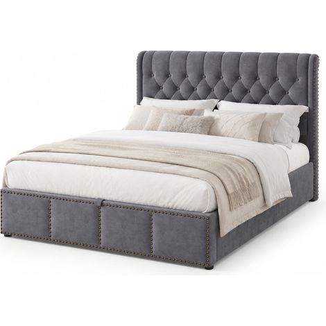 Lit Coffre 180 x 200 cm en Velours, Lit Double avec Tête de Lit Rembourrée et Rivets, sans Matelas, Gris (1/5)