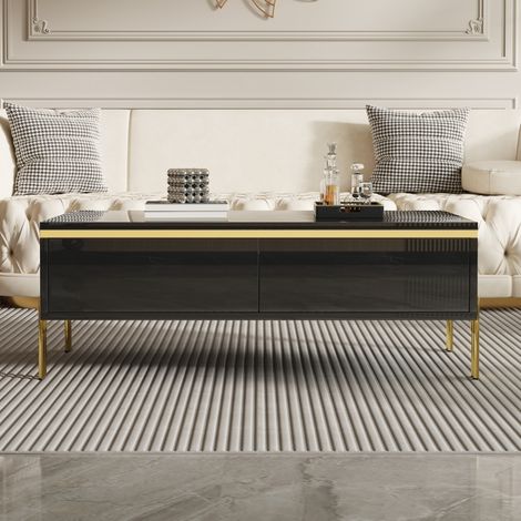 Mesa de centro moderna negra brillante con 2 cajones ocultos y patas de metal 100x50x36 cm OKWISH (1/5)