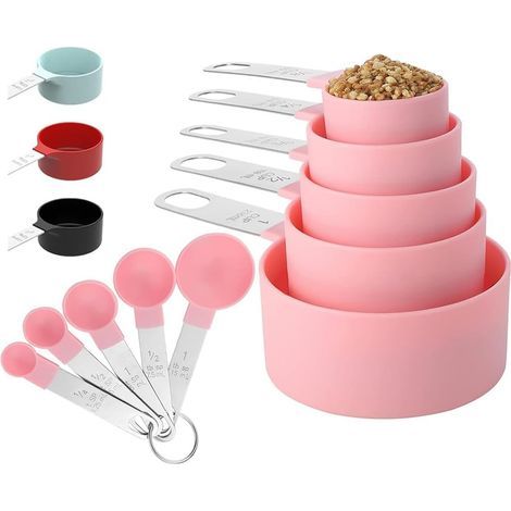 Set mit 10 stapelbaren Messbechern und -löffeln mit Edelstahlgriffen, Küchenhelfer zum Kochen und Backen (rosa) (1/5)