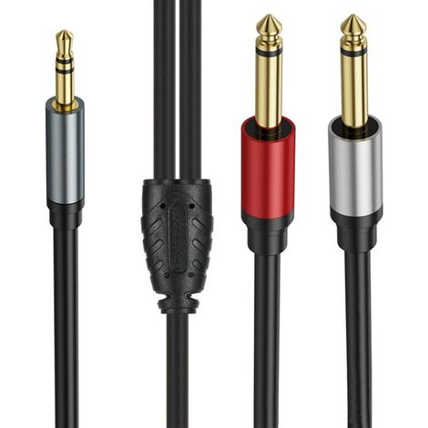 Câble audio répartiteur jack 3,5 mm AUX TRS vers 2 x 6,35 mm TS - Plaqué or - Adaptateur stéréo vers double mono - 100 cm - Noir (1/4)