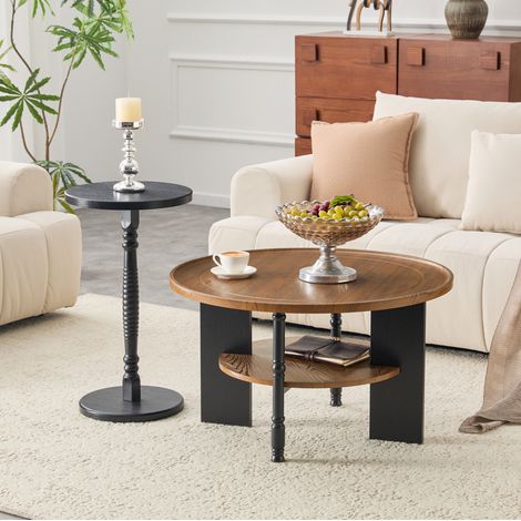Set de 2 mesas de centro redondas MDF con acabado PVC, 80 cm y auxiliar 38 cm, nogal y negro (1/5)