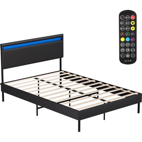 Wolketon Lit rembourré 140x200 cm avec espace de rangement, éclairage LED et tête de lit – Sommier à lattes et tête de lit en cuir synthétique noir inclus