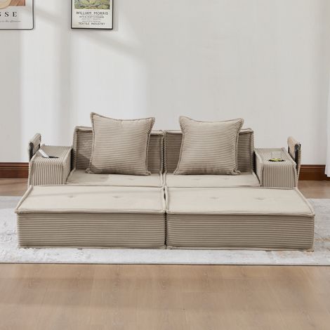 Canapé-lit 2 places en tissu avec pouf repose-pieds, 2 coussins, poches latérales et porte-gobelets, assise basse, style nordique moderne (1/5)