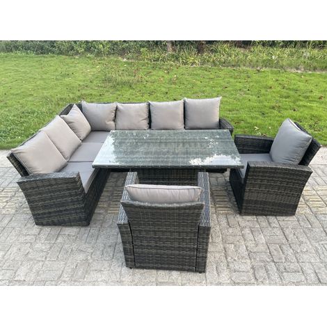 Fimous High Back PE Rattan Corner Sofa Set Garden Furniture Adjustable Rising Lifting Table Set With 2 Armchair (1/3)
