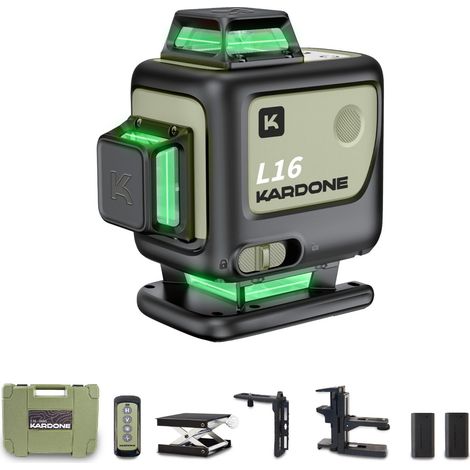 Niveau laser 4 lignes vertes 360° L16360G – Visibilité jusqu'à 30m – Auto-nivellement – Indice IP54 – 2 batteries 2600mAh