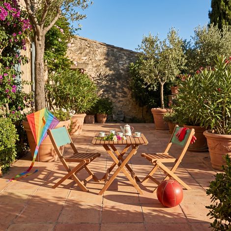 Table de jardin bistrot enfant bois d'acacia + 2 assises vert de gris - Elise