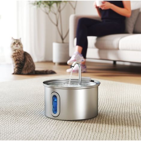 Fuente de agua para gatos 2,5 L 19,4x19,4x18,7 cm acero inoxidable plata LED silenciosa – MEUBLIV (1/5)