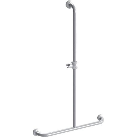 Pellet – Barre de douche en T aluminium époxy 600x1000mm – Support douchette coulissant ABS blanc – Platines Ø 66mm en résine synthétique