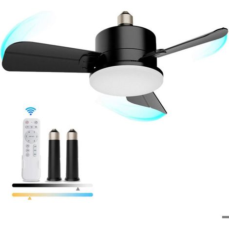 Ventilateur de plafond à culot E27 avec télécommande et 2 rallonges, éclairage intégré, intensité variable, 6 vitesses de ventilation (1/5)