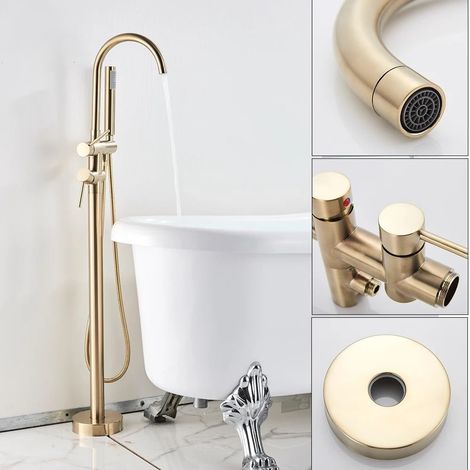 Rubinetto rotondo per vasca da bagno, rubinetto a pavimento, rubinetto per bagno, set doccia a pavimento con doccetta, colore: oro (1/5)