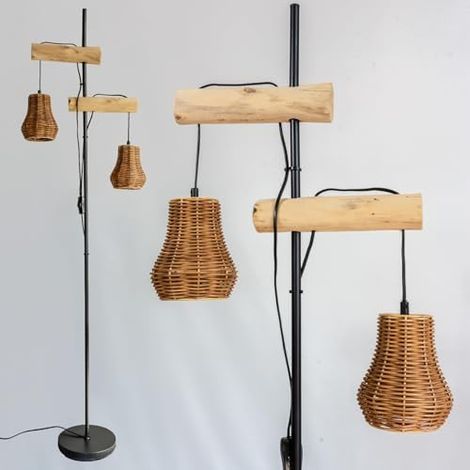 lampadaires industriel à 2 lumières Lampadaire rotin design, accents en bois naturel(sans ampoule) (1/5)