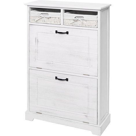 Meuble à  chaussures HHG-670, tiroir à  panier, en bois massif au look miteux 100x60x24cm, blanc