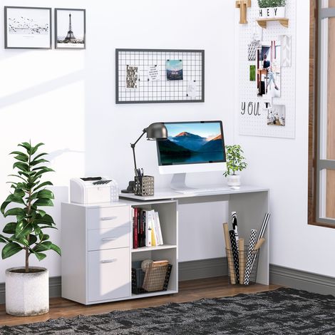 Scrivania angolare HOMCOM, scrivania modulare lineare, tavolo da pranzo 2 in 1, scrivania per computer, 3 cassetti + 2 ripiani, MDF bianco