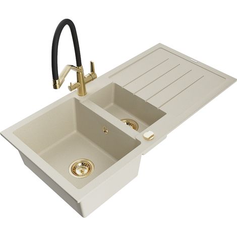 Mexen Andres fregadero de granito 1,5 senos con escurridor y grifo de cocina Duo, beige - 6515-69-671701-57-G (1/5)