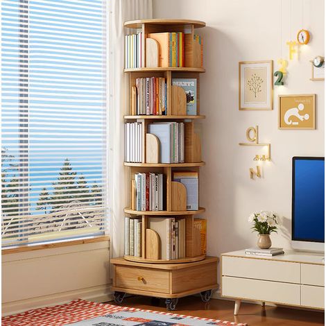 Bibliothèque pivotante 360° avec tiroir et roulettes, rangement compact en MDF finition bois (1/5)
