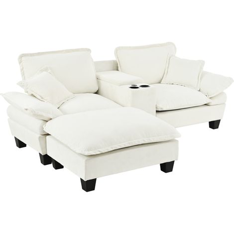 Canapé d'angle modulable en tissu beige style nuage avec USB, rangements, porte-gobelets, ottomane et 2 coussins, pour salon et appartement – CHICFURN (1/5)