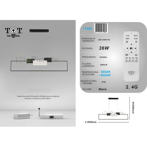 Lampadario a sospensione led 36w rettangolare con telecomando design moderno nero bianco oro luce fredda calda Nero