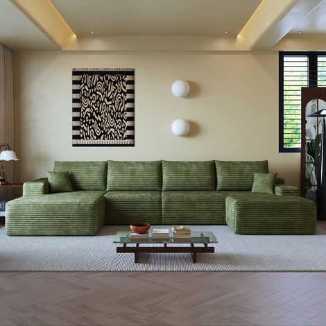 Canapé panoramique en U 5 places 270x175x83 cm, 2 méridiennes, canapé modulable sans armature, assise profonde, sans montage, velours côtelé, vert (1/5)
