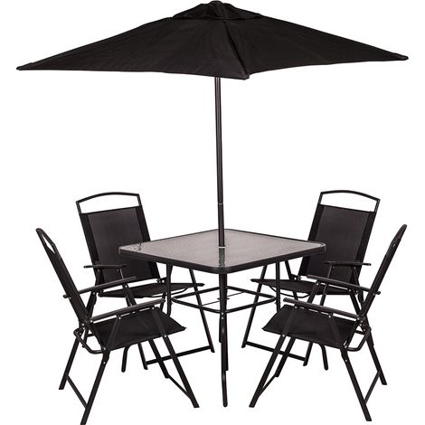 Set da Pranzo 6 Pezzi per Giardino Patio con Ombrellone 4 Sedie Pieghevoli Nero (1/4)