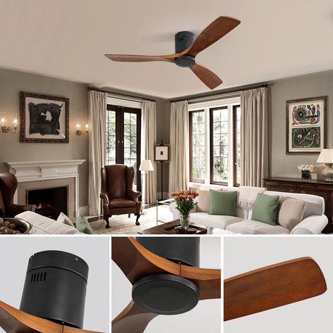 Ventilatore da soffitto da 132 cm, motore DC reversibile, telecomando, 3 pale in legno, nero e marrone