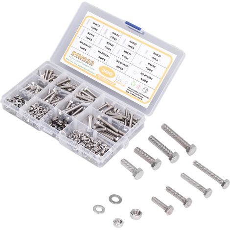 300 vis inox 304 M4 M5 DIN933 boulons hexagonaux DIN934 écrous DIN125 rondelles coffret pour réparation meuble appareils mécaniques (1/5)